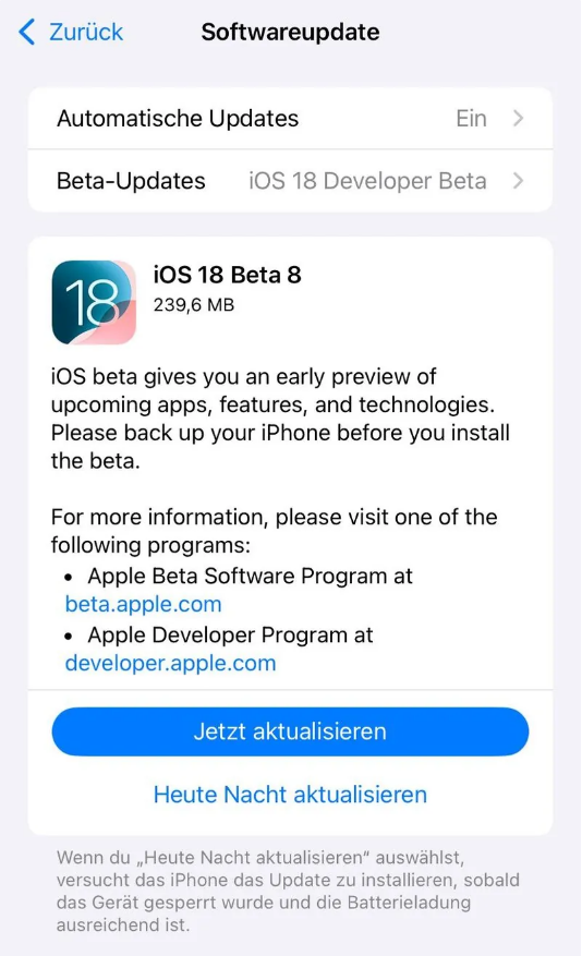 蕉城苹果手机维修分享苹果 iOS / iPadOS 18 开发者预览版 Beta 8 发布 